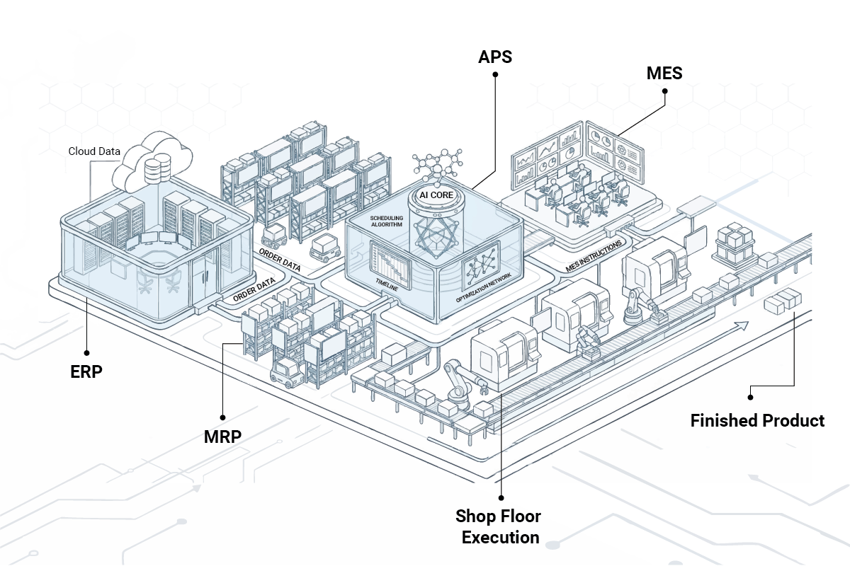 Infographic of manufacturing technology stack showing data flow from ERP and MRP to APS for optimized scheduling and execution through MES
